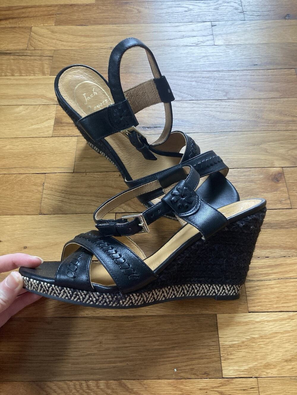 Jack Rogers Abbey Women’s Black Leather Raffia Espadrille Wedge Sandals Size 7.5